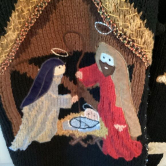 Sharon Young Sportswear Holiday Vest Sz M Mary Jesus Manger Scene Embroidered - Picture 3 of 8
